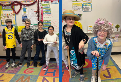  two photos of children dressed up as 100 year old people. 
